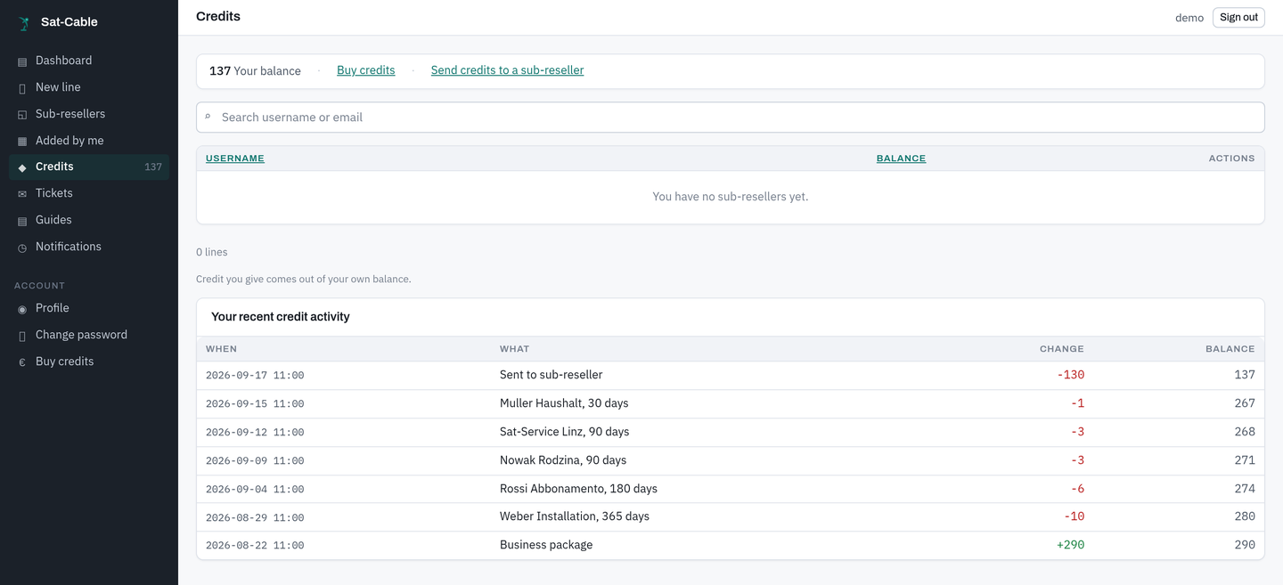 The panel's credit ledger: each top up, each line created, and the balance after it.