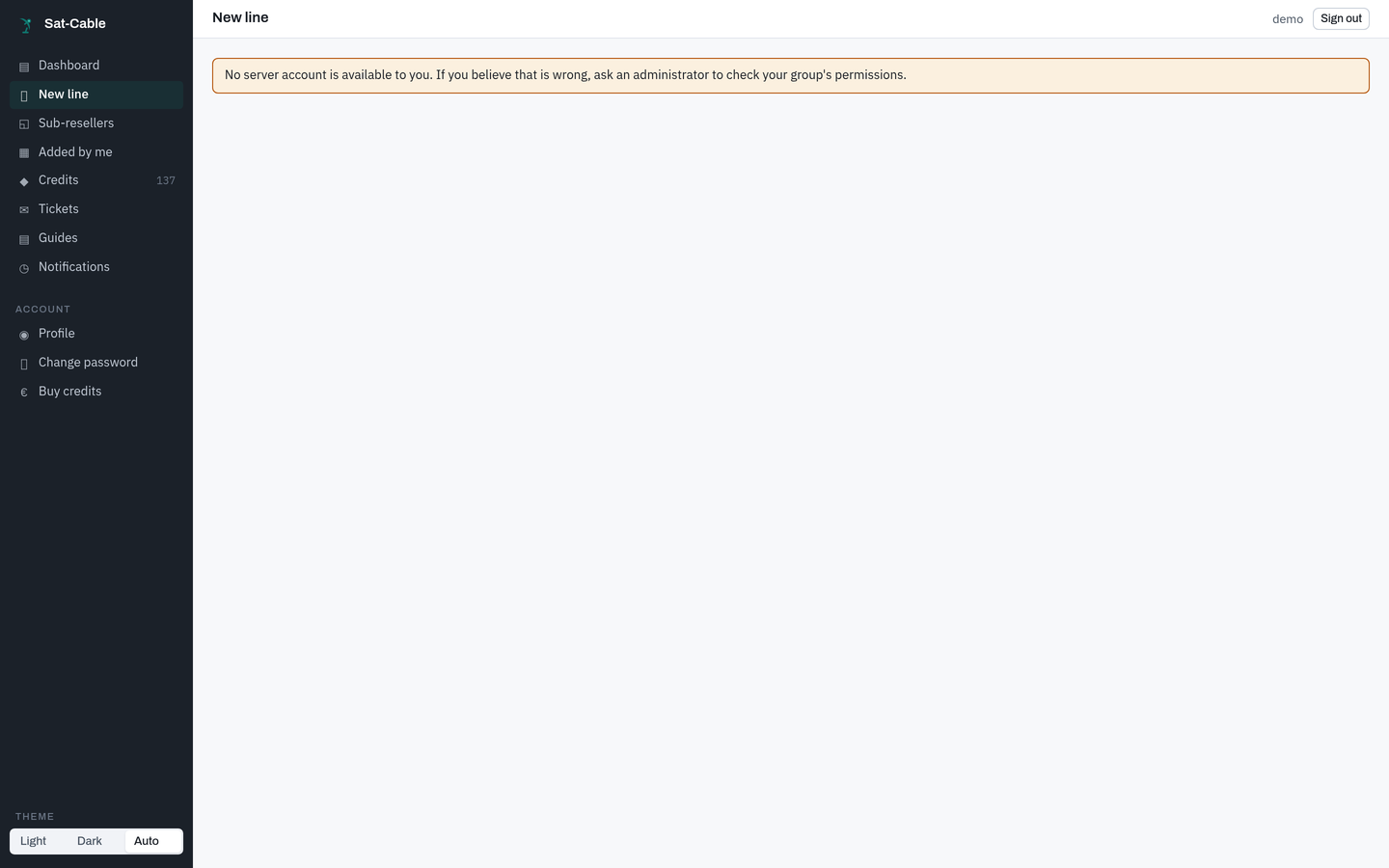 The panel's new line form: the customer's name, how long the line should run, and which servers it goes on.